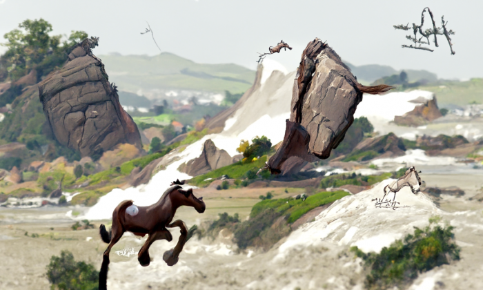 Prompt: Ein Cartoon-Pferd, das &uuml;ber einen Stein springt, im Hintergrund braune Berge (Bild: Martin Wolf/Golem.de - Disco Diffusion 2022)