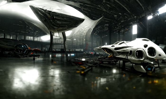 Prompt: Ein Raumschiff in einem Hangar (Bild: Martin Wolf/Golem.de - Disco Diffusion 2022)