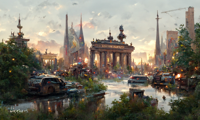 Prompt: Ein realistisches Gem&auml;lde der Stadt Berlin im Stil von Greg Rutkowski und Thomas Kinkade  (Bild: Martin Wolf/Golem.de - Disco Diffusion 2022)