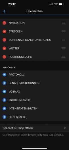 Die Widgets im Hauptmenü können wir auch über Garmin Connect auswählen. (Bild: Garmin/Screenshot: Golem.de)