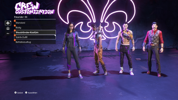 Auch die anderen Mitglieder der Saints-Gang können wir ausstaffieren. (Bild: Deep Silver/Screenshot: Golem.de)