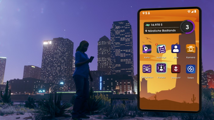 Per Smartphone haben wir Zugriff auf Missionen, Klamotten und mehr. (Bild: Deep Silver/Screenshot: Golem.de)