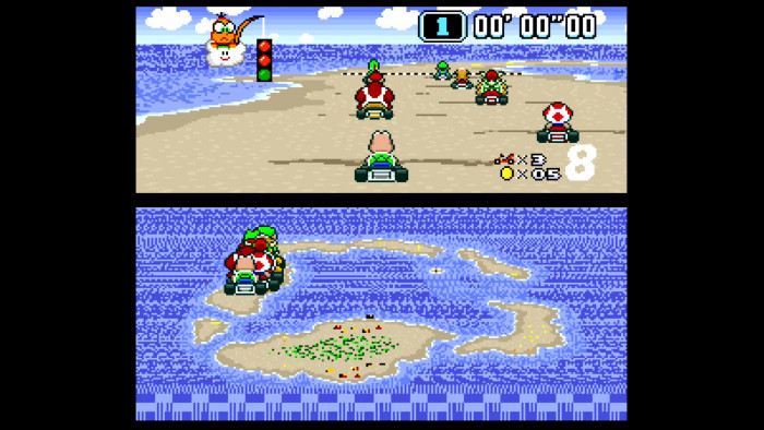 Alle stehen bereit: Sobald die grüne Lampe leuchtet, geht das Rennen los. (Bild: Nintendo/Screenshot: Medienagentur Plassma)