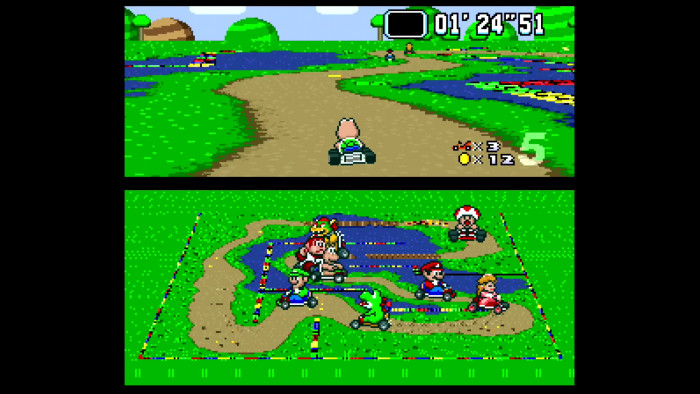 Auf Standbildern mag Super Mario Kart für heutige Verhältnisse sehr pixelig und grob aussehen, doch in Bewegung ist das Spiel nach wie vor ein Hit. (Bild: Nintendo/Screenshot: Medienagentur Plassma)