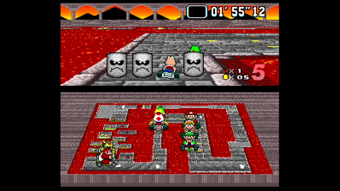 Obacht: Diese grimmigen Blöcke krachen in unregelmäßigen Abständen zu Boden und können das Kart buchstäblich plätten. (Bild: Nintendo/Screenshot: Medienagentur Plassma)