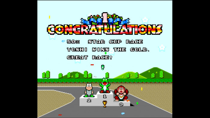 Yoshis Freude ist besonders groß, nachdem er den Star Cup für sich entschieden hat und seine wohlverdiente Champagnerflasche durch die Luft wirbelt. (Bild: Nintendo/Screenshot: Medienagentur Plassma)