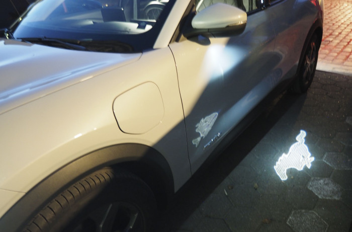 Bei Dunkelheit wird das Logo auf den Boden projiziert. (Bild: Petra Vogt)