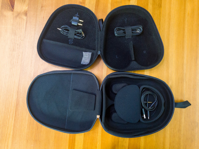 Oben die geöffnete Tasche für Momentum 4 Wireless, darunter die geöffnete Tasche für WH-1000XM5 (Bild: Ingo Pakalski/Golem.de)