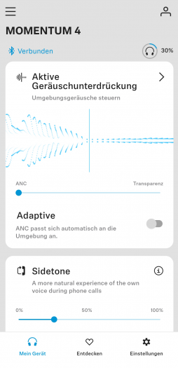 Die ANC-Funktion kann nur mittels Schieberegler abgeschaltet werden, ein einfacher Schalter fehlt. (Screenshot: Golem.de)