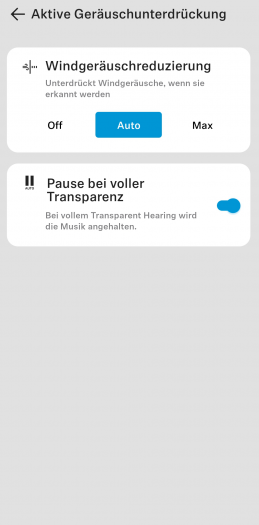 In einem Untermenü der ANC-Funktionen sind die Einstellungen zur Technik zur Reduzierung von Windgeräuschen versteckt. (Screenshot: Golem.de)