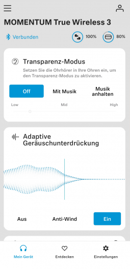 Besser gelöst: Bei den Momentum True Wireless 3 gibt es einen Schalter für die ANC-Funktion und die Einstellungen zur Technik für die Reduzierung von Windgeräuschen ist direkt  auf dem Startbildschirm erreichbar. (Screenshot: Golem.de)