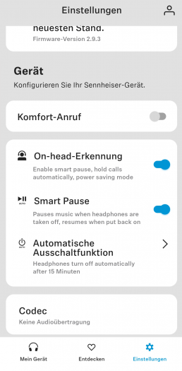 In den Einstellungen finden sich alle Funktionen zur Trageerkennung für die Momentum 4 Wireless. (Screenshot: Golem.de)