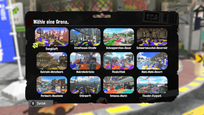 Im Multiplayer haben wir die Auswahl zwischen vielen gut gemachten Arenen, weitere sollen als Download folgen. (Bild: Nintendo/Screenshot: Golem.de)