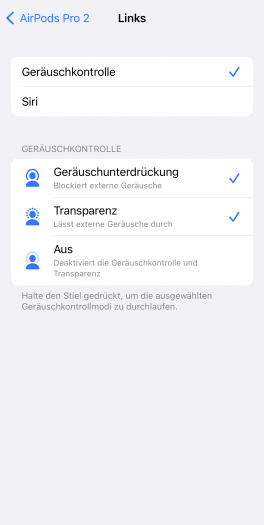 Es gibt nur wenige Einstellungen der Tastenbelegung für die Airpods Pro 2. (Bild: Apple/Screenshot: Golem.de)