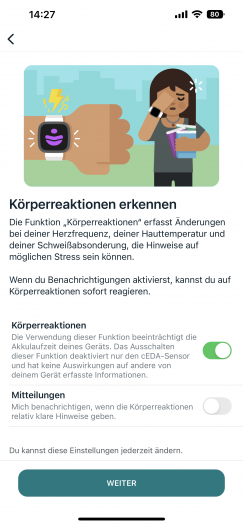 Hier können wir weitere Metriken aktivieren. (Bild: Fitbit/Screenshot: Golem.de)