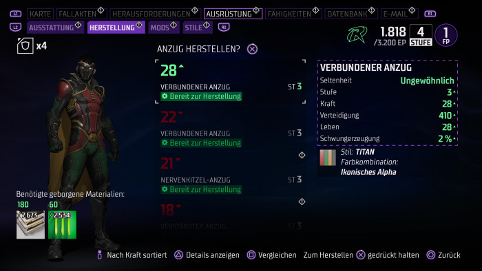 Anzüge und Waffen können wir selbst herstellen - was sehr einfach funktioniert. (Bild: WB Games / Screenshot: Golem.de)