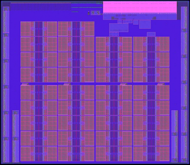 Floorplan von IBMs AIU: Links und rechts am Rand scheinen sich Speichercontroller zu befinden, oben ein PCIe-Block. In der Mitte die 34 KI-Beschleuniger. (Bild: IBM)