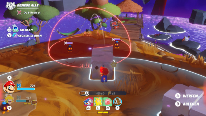 Mario wirft einen explosiven Gegner über sein weiß markiertes Bewegungsfeld. (Bild: Ubisoft / Screenshot: Golem.de)