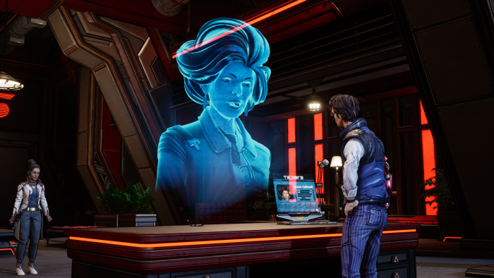 Wissenschaftlerin Anu (ganz links) bei einem Meeting (Bild: Gearbox/Screenshot: Golem.de)