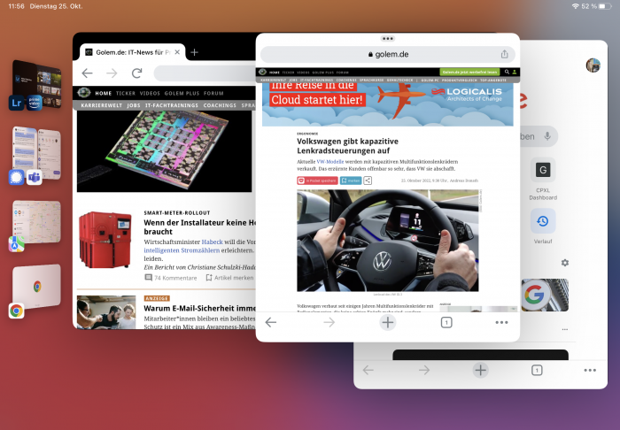 Die Apps werden in Spaces abgelegt, die über eine Leiste am linken Bildschirmrand aufrufbar sind. (Bild: Tobias Költzsch/Golem.de)