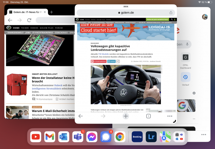 Ein Wisch von unten in das Display ruft die Taskleiste auf, über die neue Apps in eine Stage geschoben werden können. (Bild: Tobias Költzsch/Golem.de)