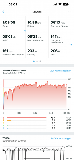 Die Auswertung einer Laufrunde, inklusive der Running Power in der Mitte der dritten Reihe. (Bild: Suunto/Screenshot: Golem.de)