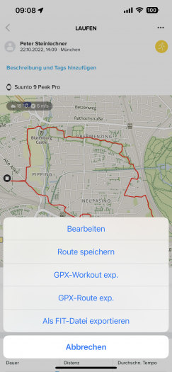 Direkt in der App können wir Daten weiterreichen - der automatisch Export zu Strava klappt auch vorbildlich. (Bild: Suunto/Screenshot: Golem.de)