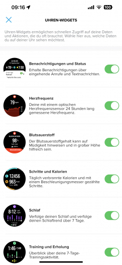 Die auf unserer 9 Peak Pro installierten Widgets. (Bild: Suunto/Screenshot: Golem.de)