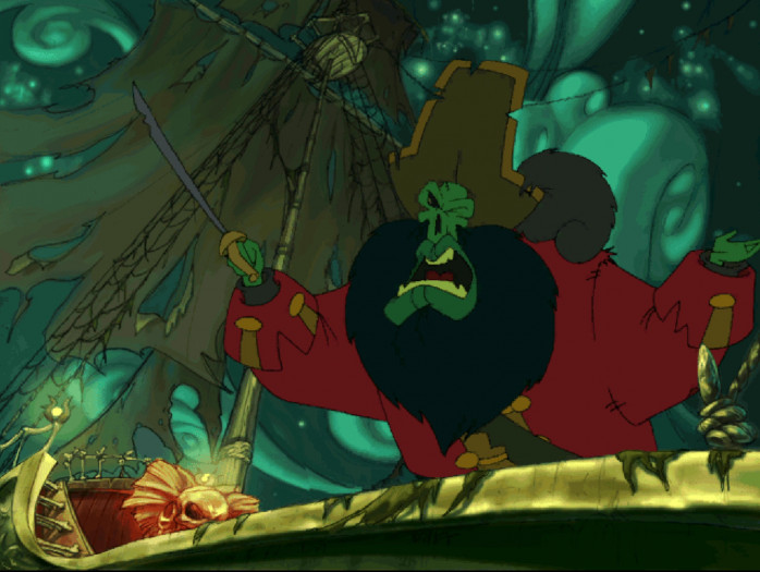 Geisterpirat LeChuck ist wie gewohnt cholerisch und will nicht einsehen, dass sich Elaine gegen ihn und für Guybrush entschieden hat. (Bild: Lucas Arts / Screenshot: Medienagentur Plassma)