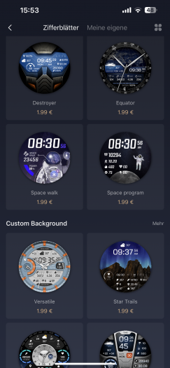 Per App gibt es Zifferblätter - die mitglieferten sehen aber auch schon ganz gut aus. (Bild: Amazfit/Screenshot: Golem.de)