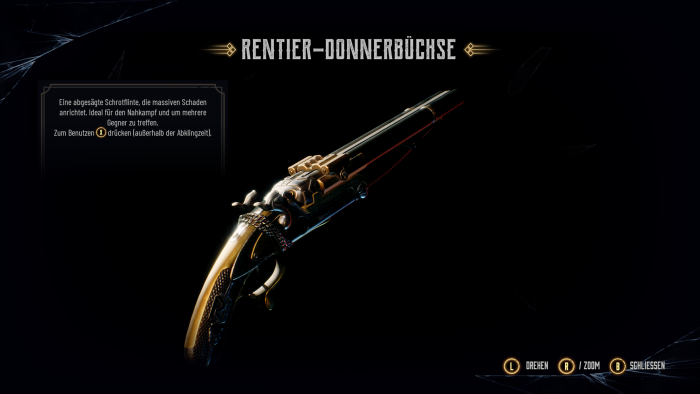 Für Fernkampfwaffen wie diese Donnerbüchse müssen wir keine Munition sammeln. (Bild: Focus Entertainment/Screenshot: Golem.de)