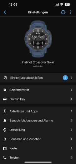 In der GarminConnect-App sehen wir die Einstellmöglichkeiten der Crossover. (Bild: Garmin / Screenshot: Golem.de)