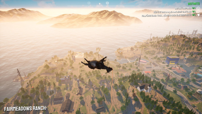 Dank Ragdoll-System fliegt unsere Ziege nach Explosionen gerne mal sehr hoch und weit - trotz weiterhin klebender Zunge. (Bild: Coffee Stain Studios / Screenshot: Golem.de)