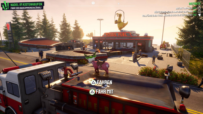 Sehr viel mehr geht nicht: Eine mäßig demolierte Tankstelle. (Bild: Coffee Stain Studios / Screenshot: Golem.de)