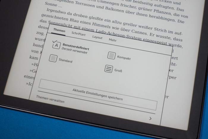 Auf dem Kindle Scribe stehen die &uuml;blichen Kindle-Optionen f&uuml;r das Layout bei E-Books zur Verf&uuml;gung. (Bild: Tobias K&ouml;ltzsch/Golem.de)
