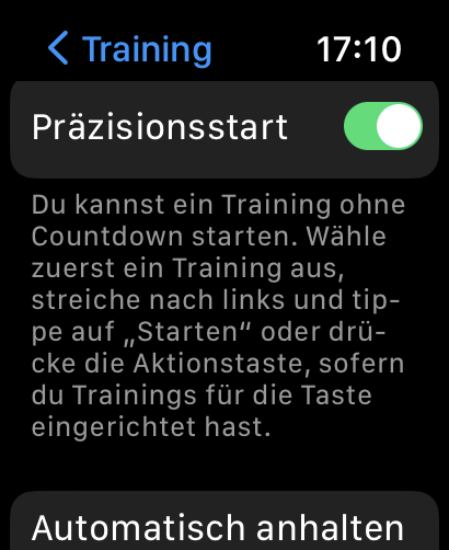 Den Präzisionsstart gibt es nur auf der Ultra, nicht auf der Apple Watch Series - dabei ist das der sonst übliche Modus, in dem wir erst laufen, wenn Puls und GPS gefunden sind. (Bild: Apple/Screenshot: Golem.de)