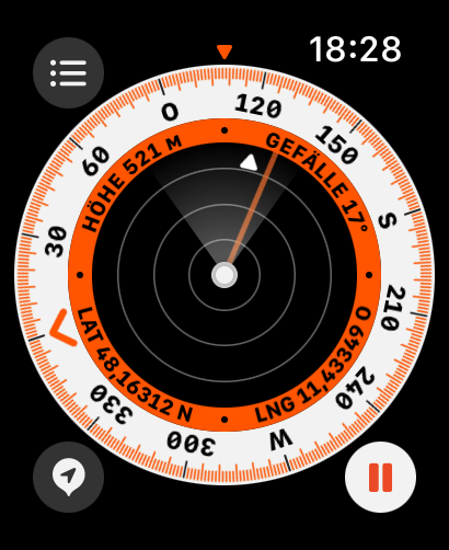 Im Kompass zeigt uns die rote Linie per Brotkrümelnavigation den Weg zurück. (Bild: Apple/Screenshot: Golem.de)