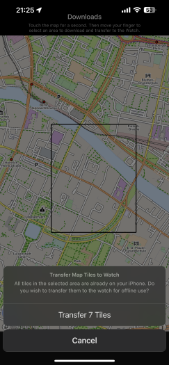 In Workoutdoors auf dem Smartphone übertragen wir so die Kartendaten auf die Ultra. (Bild: CCS Ltd/Screenshot: Golem.de)