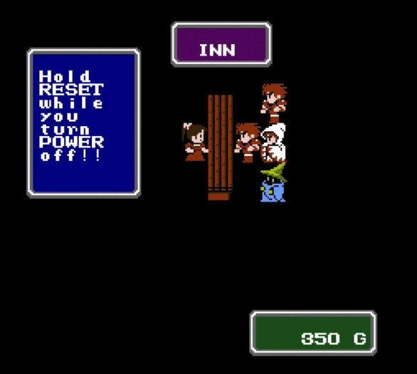 Eine Sicherheitswarnung, die man heute nicht mehr kennt: Bei einem NES-Spiel mit Speicherbatterie konnte es theoretisch zu fehlerhaften Daten kommen, wenn man die Konsole ohne Druck auf die Reset-Taste ausschaltete. (Bild: Square Enix / Screenshot: Medienagentur Plassma)