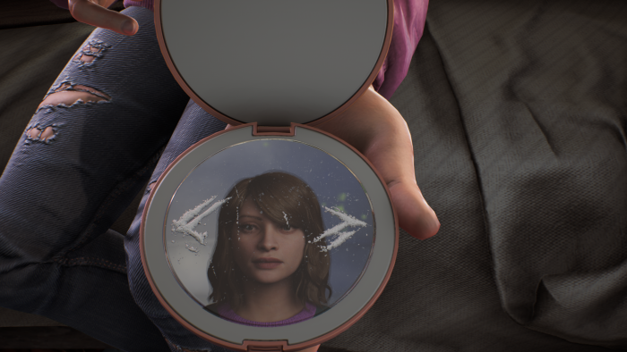 Beim Spielstart wählen wir unser virtuelles Gesicht im Spiegel einer Kokaindose aus. (Bild: Squanch Games / Screenshot: Golem.de)