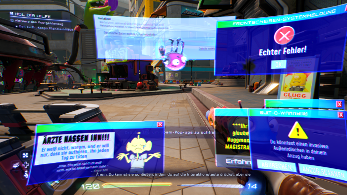 Unser außerirdischer Schutzanzug wird gerade von Werbung gespammt. (Bild: Squanch Games / Screenshot: Golem.de)