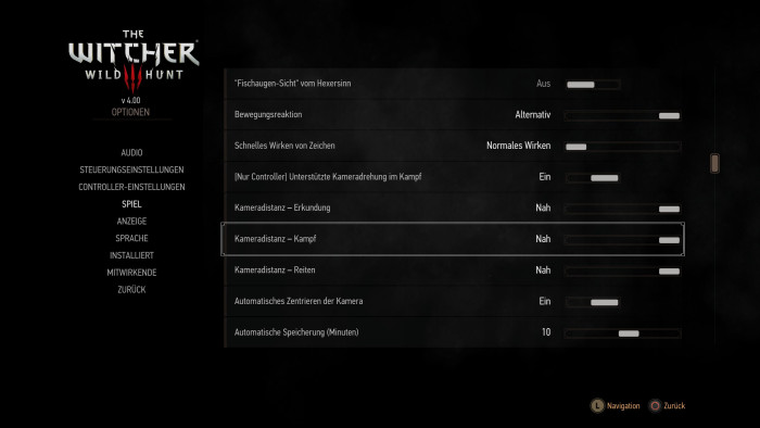Hier können wir die neue Kameraperspektive aktiveren. (Bild: CD Projekt Red / Screenshot: Golem.de)