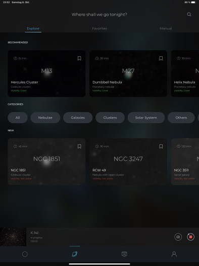 Nach dem gew&uuml;nschten Objekt kann im Katalog gesucht werden, man kann entsprechend filtern oder einfach die Koordinaten eingeben. (Bild: Mario Keller)