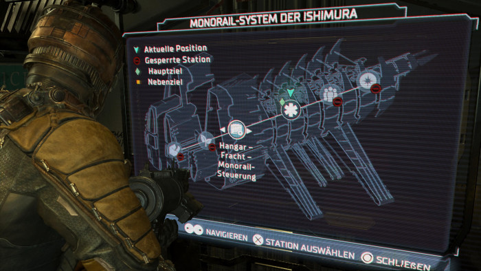 Isaac studiert die S-Bahn auf dem riesigen Raumschiff. (Bild: EA / Screenshot: Golem.de)