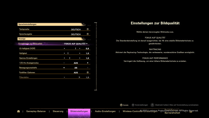 Das Grafikmen&uuml; auf der PS5 (Bild: Square Enix / Screenshot: Golem.de)