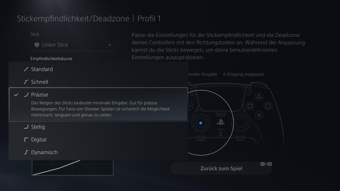 Die Deadzone der Sticks lässt sich in mehreren Stufen regeln. (Bild: Sony / Screenshot: Golem.de)