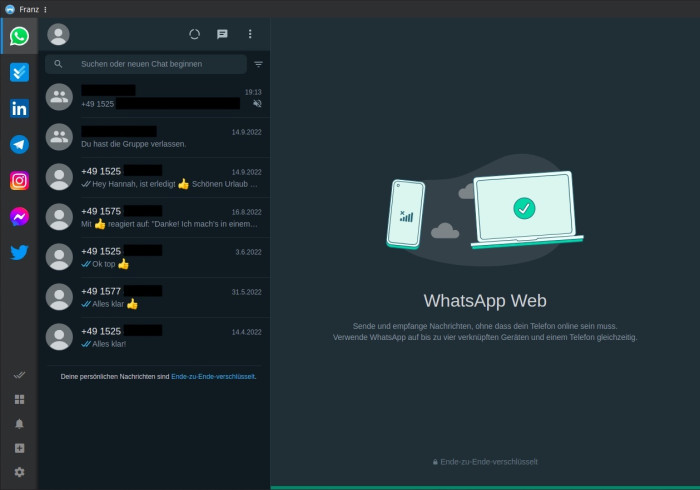 Auch Franz stellt Chats mithilfe der offiziellen Web-Interfaces dar. Bis auf Signal und iMessage unterstützt Franz alle von uns getesteten Messenger und Messaging-Dienste. (Screenshot: Leo Dessani)