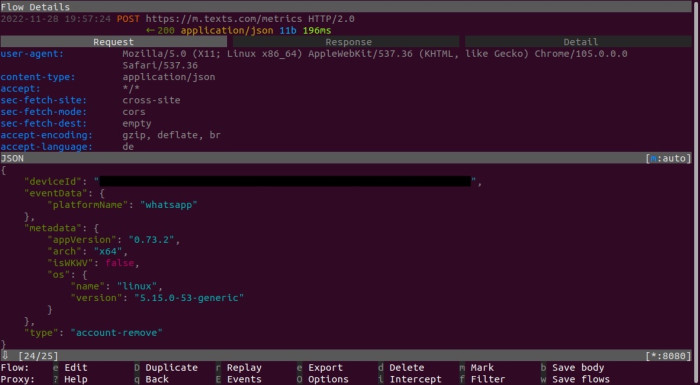 Beim Entfernen von WhatsApp teilt Texts nicht nur die Bezeichnung mit dem Texts-Server, sondern auch Informationen über das Betriebssystem. (Screenshot: Leo Dessani)