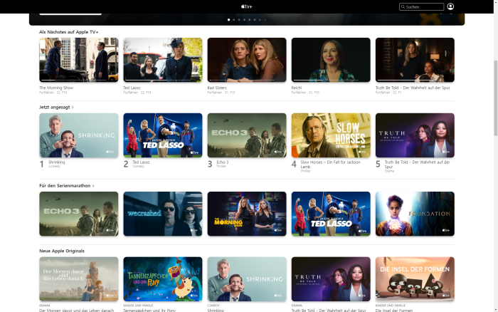 Apple TV+ - Zum Teil tauchen die gleichen Titel mehrfach auf dem Startbildschirm auf, wie hier bei Ted Lasso. (Bild: Apple/Screenshot: Golem.de)