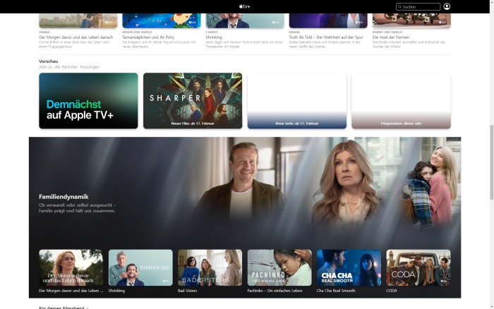 Apple TV+ - Zum Teil tauchen die gleichen Titel mehrfach auf dem Startbildschirm auf - wie hier bei Shrinking. (Bild: Apple/Screenshot: Golem.de)